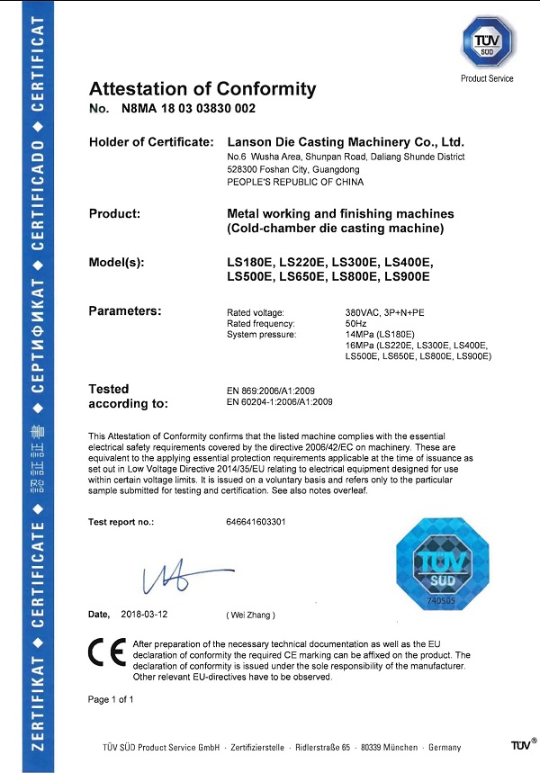 CE certificate of die casting machines